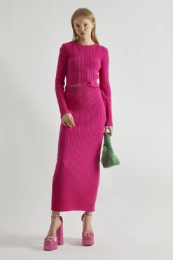 Glamorous Co-ords|Knitted Co-ords|Pink Rib-Knit Crop-Jumper -