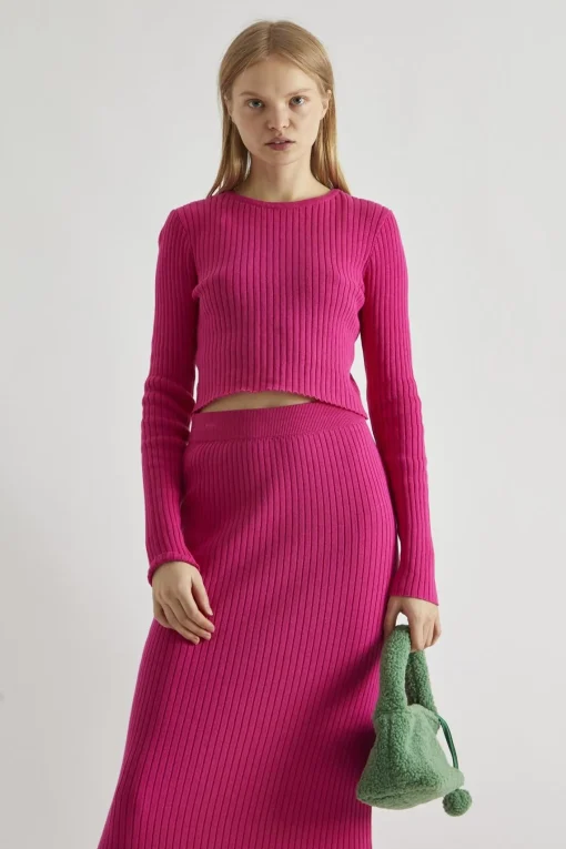 Glamorous Co-ords|Knitted Co-ords|Pink Rib-Knit Crop-Jumper -