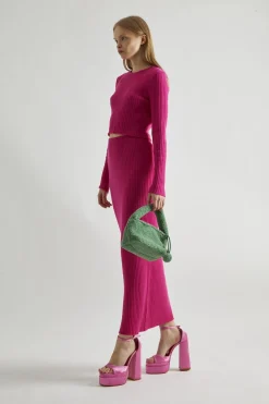 Glamorous Co-ords|Knitted Co-ords|Pink Rib-Knit Crop-Jumper -