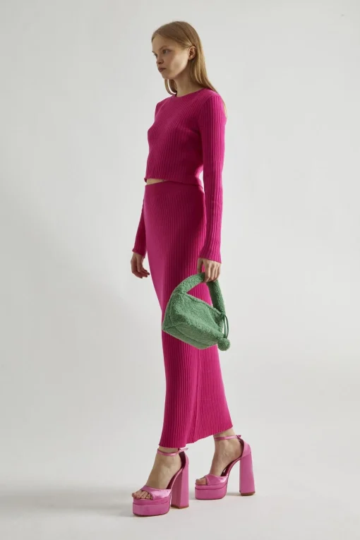 Glamorous Co-ords|Knitted Co-ords|Pink Rib-Knit Crop-Jumper -
