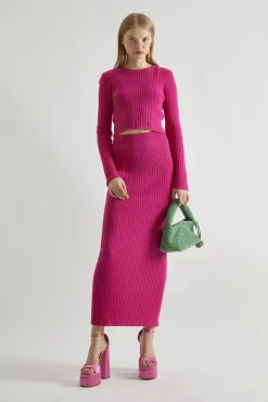 Glamorous Co-ords|Knitted Co-ords|Pink Rib-Knit Midi-Skirt -