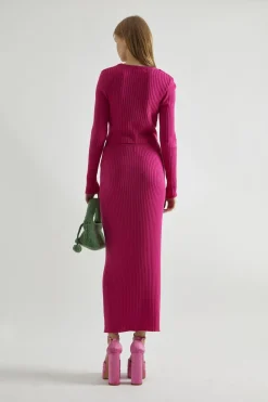 Glamorous Co-ords|Knitted Co-ords|Pink Rib-Knit Midi-Skirt -