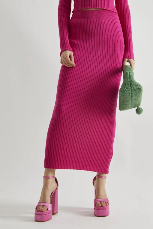 Glamorous Co-ords|Knitted Co-ords|Pink Rib-Knit Midi-Skirt -