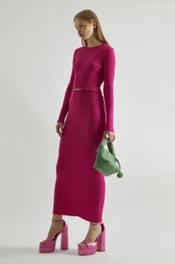 Glamorous Co-ords|Knitted Co-ords|Pink Rib-Knit Midi-Skirt -