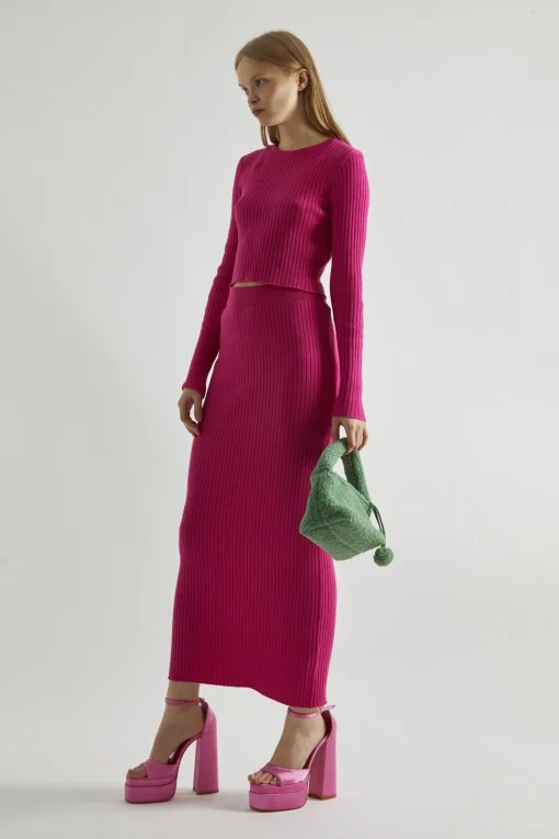Glamorous Co-ords|Knitted Co-ords|Pink Rib-Knit Midi-Skirt -