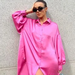 Glamorous Go To Partywear|Day Dresses|Pink Sateen Oversized Mini Shirt-Dress -