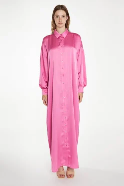 Glamorous Satin Dresses|Maxi Dresses|Pink Satin Oversized Maxi Shirt Dress -