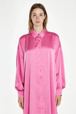 Glamorous Satin Dresses|Maxi Dresses|Pink Satin Oversized Maxi Shirt Dress -