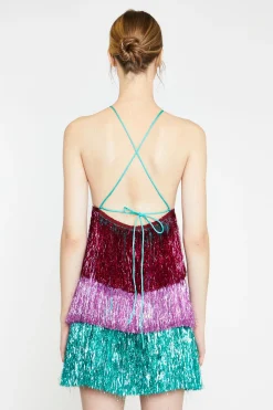 Glamorous Go To Partywear|Party Dresses|Pink Teal Purple Tinsel Fringe Halterneck Mini-Dress -