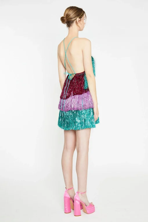 Glamorous Go To Partywear|Party Dresses|Pink Teal Purple Tinsel Fringe Halterneck Mini-Dress -