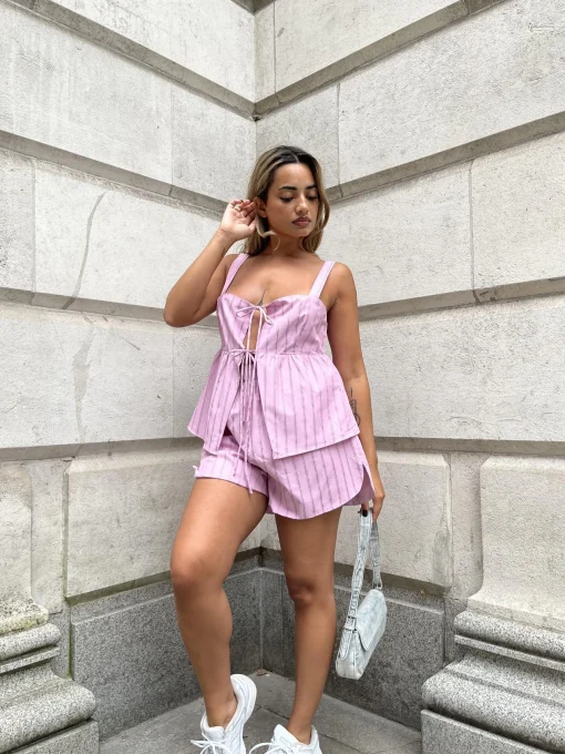 Glamorous Chic Escapes|Co-ords|Pink Vertical-Stripe Tie-Front Smock-Top -