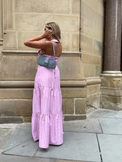 Glamorous Chic Escapes|Co-ords|Pink Vertical-Stripe Tiered Maxi-Skirt -