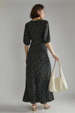 Glamorous Day Dresses|Midi & Midaxi Dresses|Pink Vintage Bud-Floral V-neck Tea Midi-Dress -