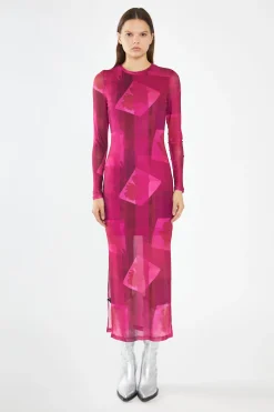 Glamorous Day Dresses|Maxi Dresses|Pink-Block Mesh Crew-Neck Bodycon Maxi-Dress -