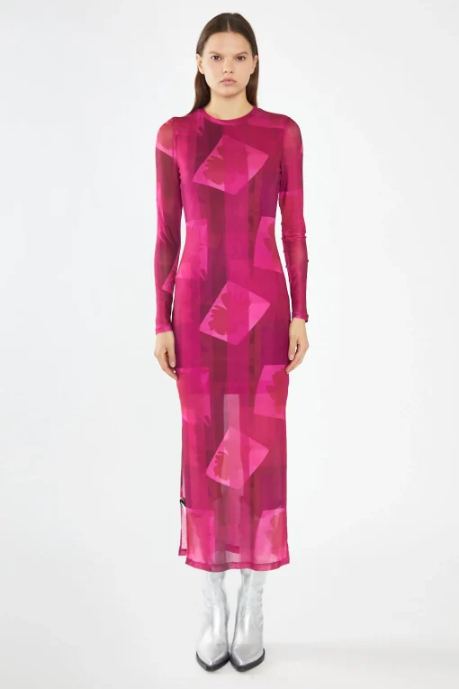 Glamorous Day Dresses|Maxi Dresses|Pink-Block Mesh Crew-Neck Bodycon Maxi-Dress -