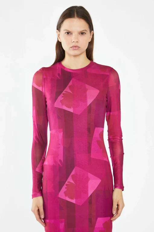 Glamorous Day Dresses|Maxi Dresses|Pink-Block Mesh Crew-Neck Bodycon Maxi-Dress -