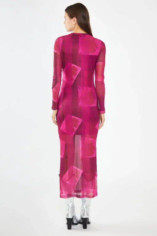 Glamorous Day Dresses|Maxi Dresses|Pink-Block Mesh Crew-Neck Bodycon Maxi-Dress -