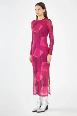 Glamorous Day Dresses|Maxi Dresses|Pink-Block Mesh Crew-Neck Bodycon Maxi-Dress -