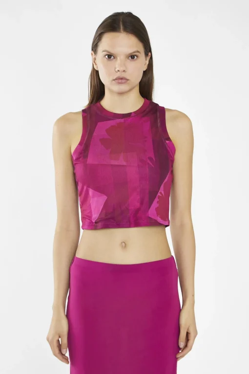 Glamorous Going Out Tops|Crops, Corsets & Bodysuits|Pink-Block Mesh Racerback Crop-Top -