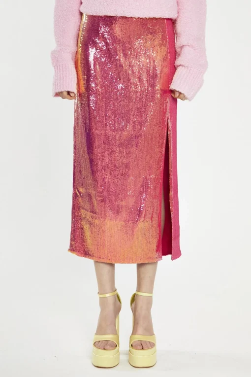 Glamorous Going Out Skirts|Midi & Midaxi Skirts|Pink-Gold Sequin Side-Split Midi-Skirt -