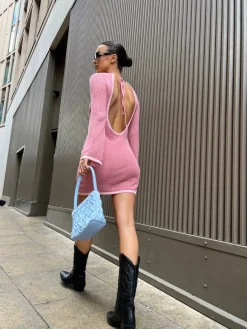 Glamorous Day Dresses|Knitted Dresses|Pink-Light-Pink Knit Open-Back Mini-Dress -