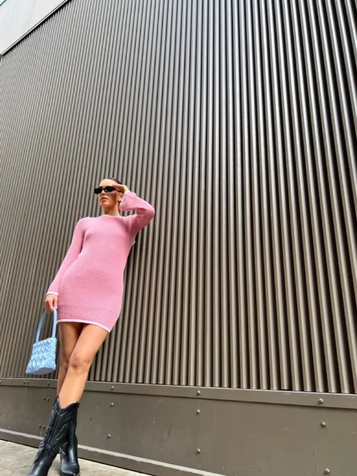Glamorous Day Dresses|Knitted Dresses|Pink-Light-Pink Knit Open-Back Mini-Dress -