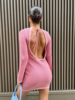 Glamorous Day Dresses|Knitted Dresses|Pink-Light-Pink Knit Open-Back Mini-Dress -