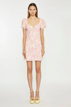 Glamorous Day Dresses|Mini Dresses|Pink-Olive-Yellow-Flower Puff Sleeve Mini Dress -