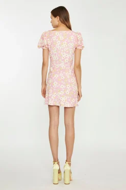 Glamorous Day Dresses|Mini Dresses|Pink-Olive-Yellow-Flower Puff Sleeve Mini Dress -