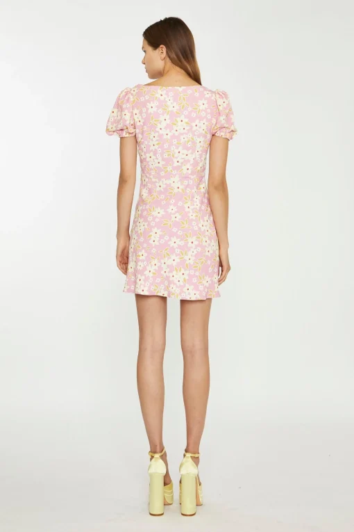 Glamorous Day Dresses|Mini Dresses|Pink-Olive-Yellow-Flower Puff Sleeve Mini Dress -