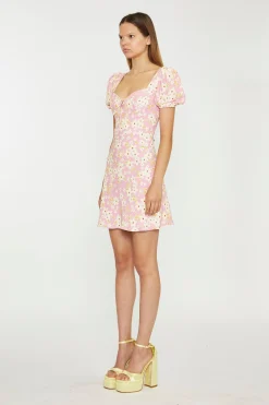 Glamorous Day Dresses|Mini Dresses|Pink-Olive-Yellow-Flower Puff Sleeve Mini Dress -