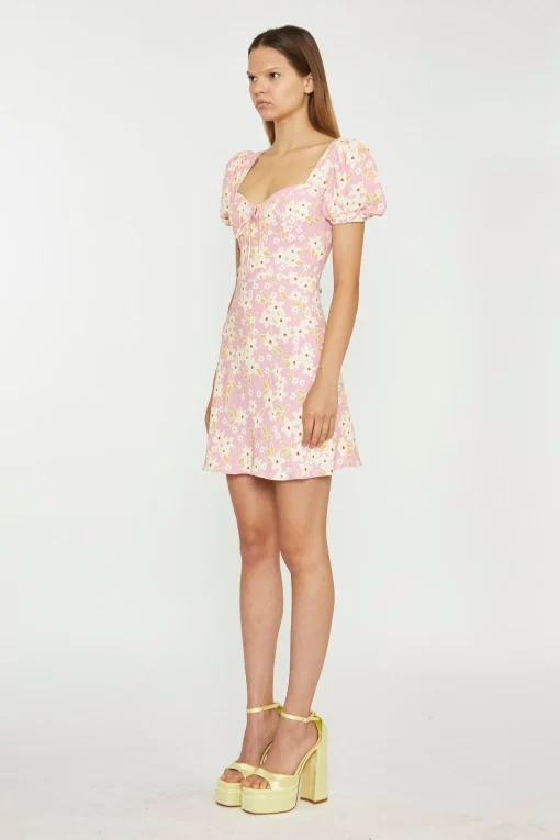 Glamorous Day Dresses|Mini Dresses|Pink-Olive-Yellow-Flower Puff Sleeve Mini Dress -