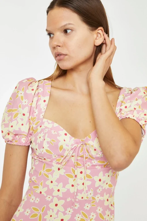 Glamorous Day Dresses|Mini Dresses|Pink-Olive-Yellow-Flower Puff Sleeve Mini Dress -