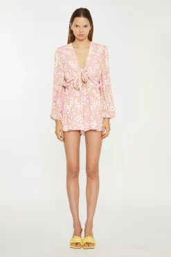 Glamorous Playsuits|Pink-Olive-Yellow-Flower Tie-Front Plunge Playsuit -