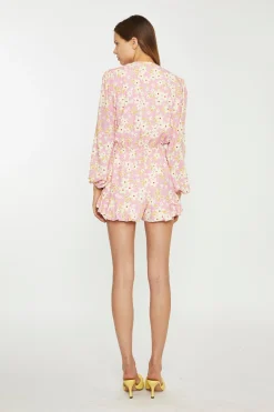 Glamorous Playsuits|Pink-Olive-Yellow-Flower Tie-Front Plunge Playsuit -