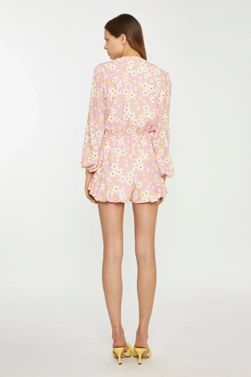 Glamorous Playsuits|Pink-Olive-Yellow-Flower Tie-Front Plunge Playsuit -