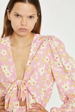 Glamorous Playsuits|Pink-Olive-Yellow-Flower Tie-Front Plunge Playsuit -