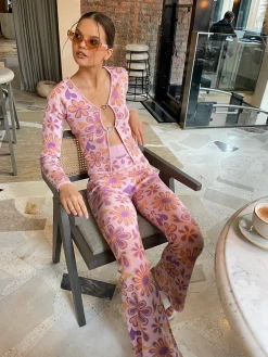 Glamorous Co-ords|Flares|Pink-Peach-Retro-Flower Flared Trousers -