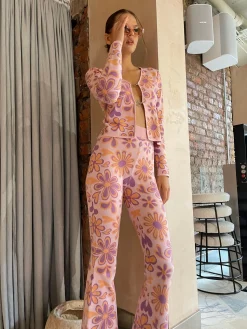 Glamorous Co-ords|Flares|Pink-Peach-Retro-Flower Flared Trousers -