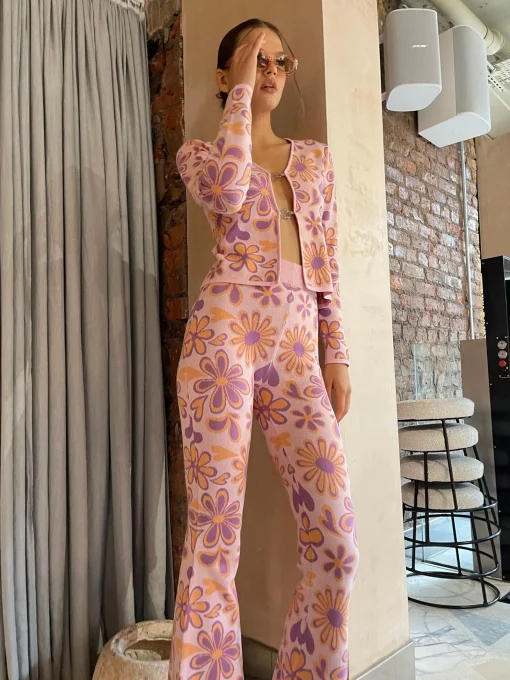 Glamorous Co-ords|Flares|Pink-Peach-Retro-Flower Flared Trousers -
