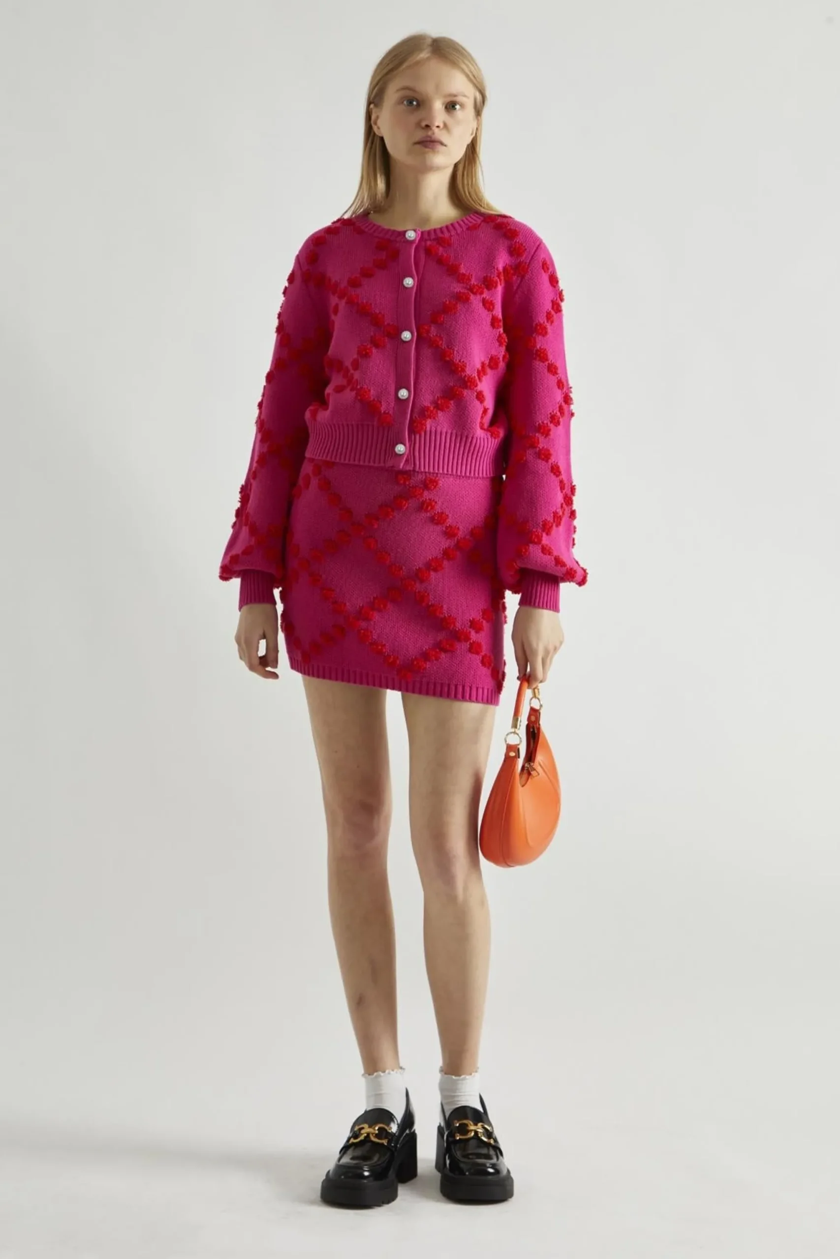 Glamorous Co-ords|Knitted Co-ords|Pink-Red Bobble-Knit Mini-Skirt -