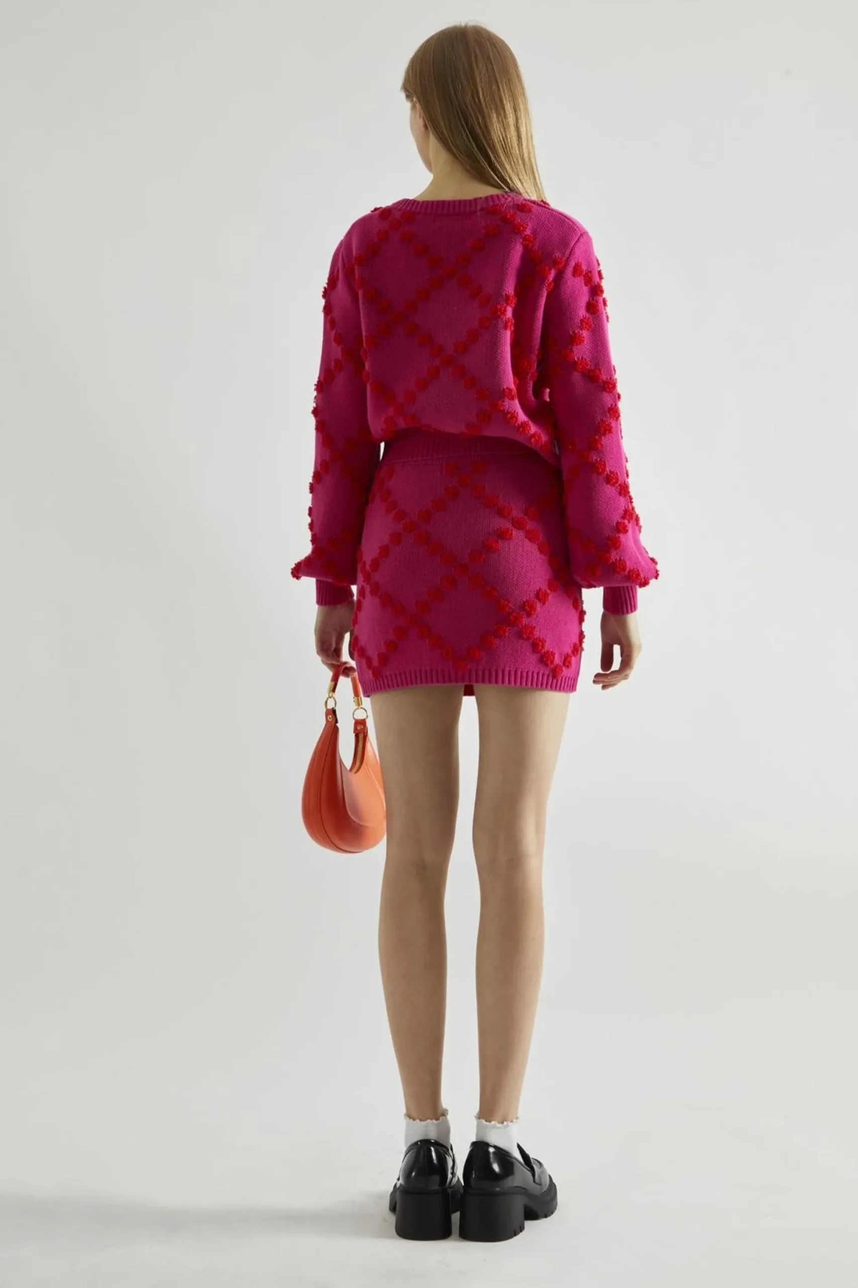Glamorous Co-ords|Knitted Co-ords|Pink-Red Bobble-Knit Mini-Skirt -