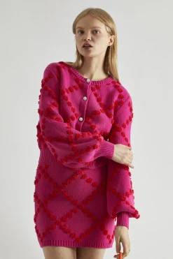 Glamorous Co-ords|Knitted Co-ords|Pink-Red Bobble-Knit Mini-Skirt -