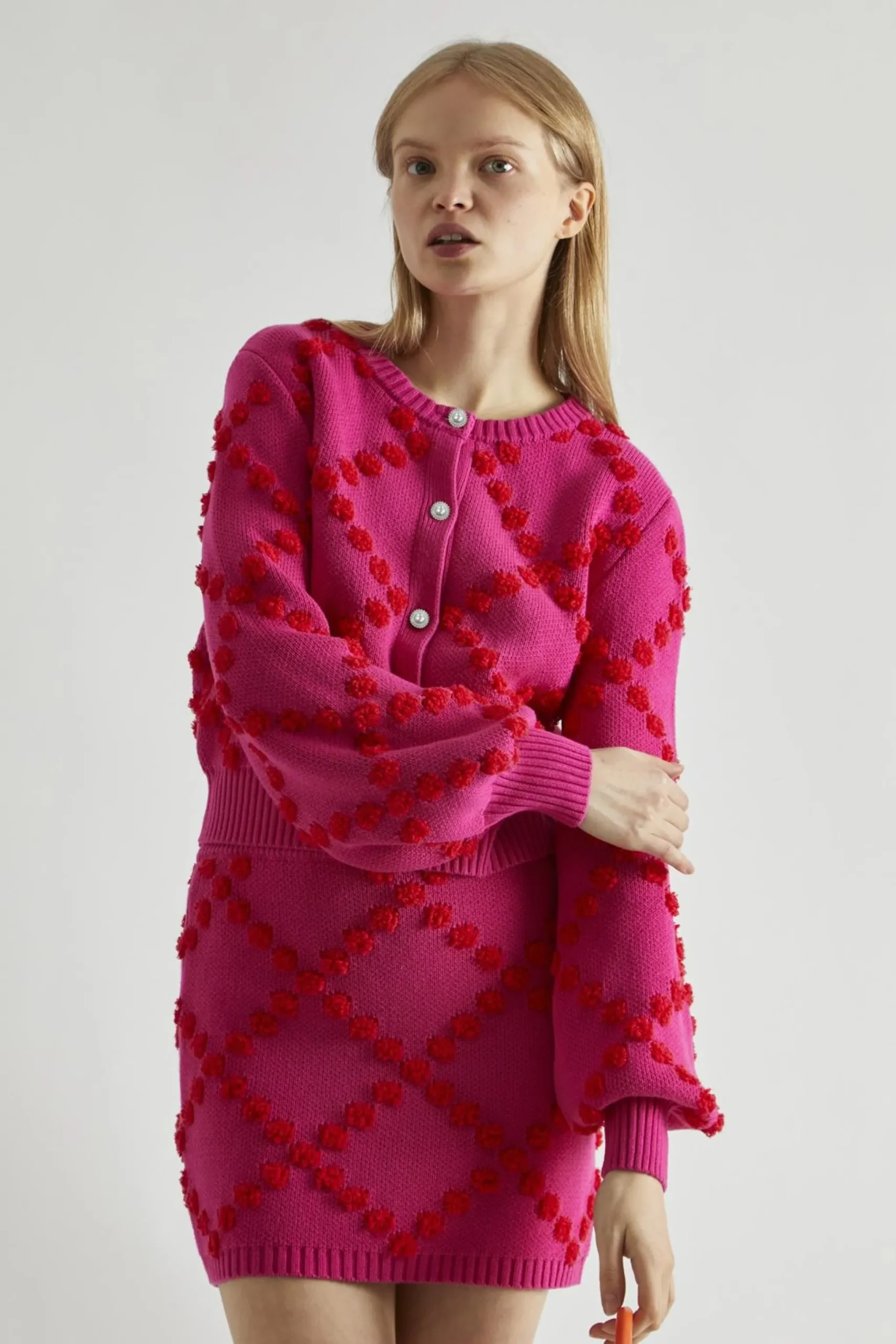 Glamorous Co-ords|Knitted Co-ords|Pink-Red Bobble-Knit Mini-Skirt -