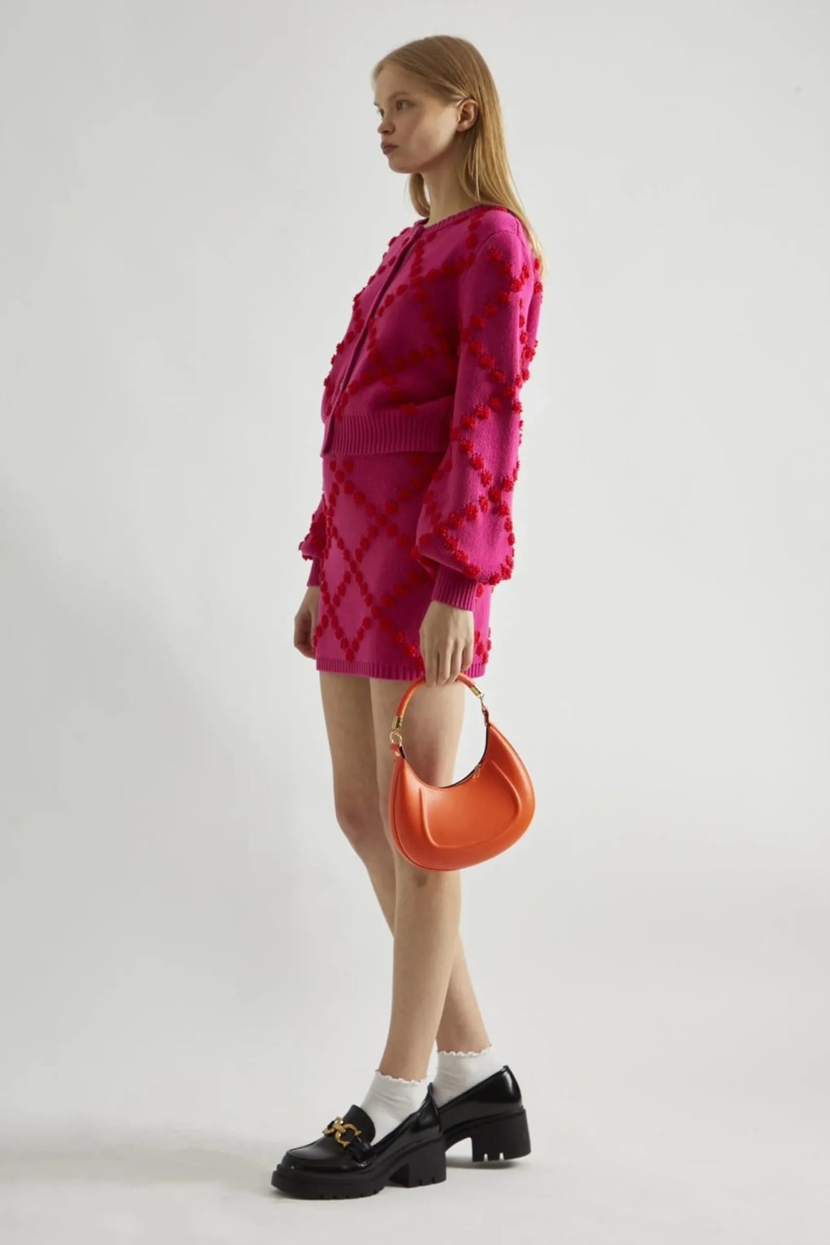 Glamorous Co-ords|Knitted Co-ords|Pink-Red Bobble-Knit Mini-Skirt -