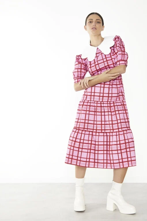Glamorous Day Dresses|Glamorous Care: Our Sustainable Collection|Pink-Red Grid-Check Tiered Collared Midi-Dress -