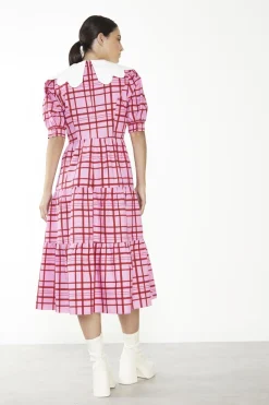 Glamorous Day Dresses|Glamorous Care: Our Sustainable Collection|Pink-Red Grid-Check Tiered Collared Midi-Dress -