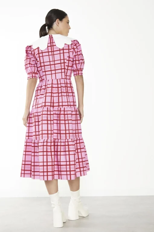 Glamorous Day Dresses|Glamorous Care: Our Sustainable Collection|Pink-Red Grid-Check Tiered Collared Midi-Dress -