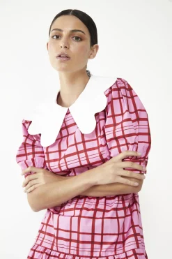 Glamorous Day Dresses|Glamorous Care: Our Sustainable Collection|Pink-Red Grid-Check Tiered Collared Midi-Dress -