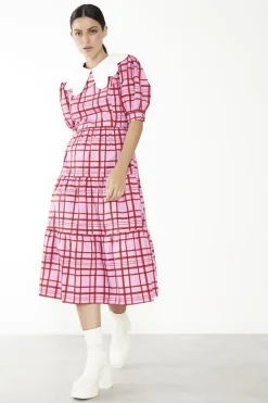 Glamorous Day Dresses|Glamorous Care: Our Sustainable Collection|Pink-Red Grid-Check Tiered Collared Midi-Dress -